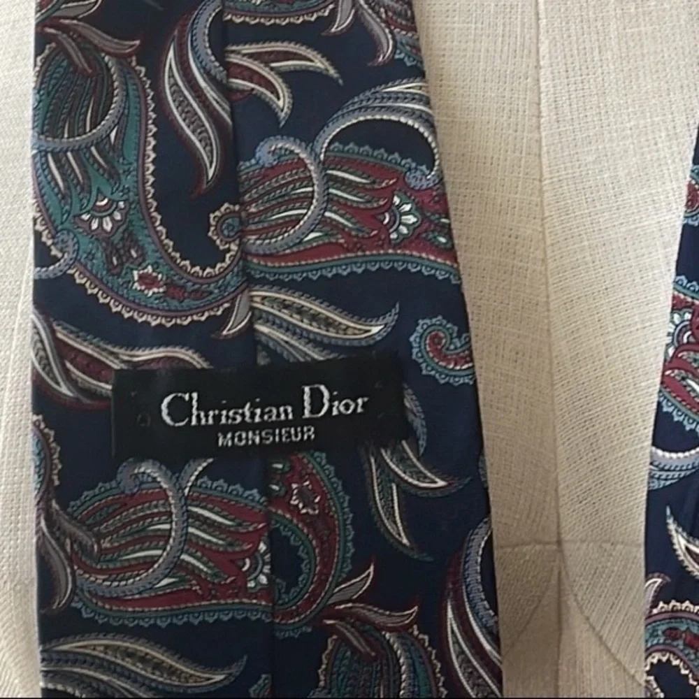 Christian Dior Monsieur Mens Silk Tie Blue Paisley Print Vintage Tie